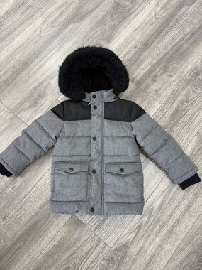 Kids Grey Puffer Jacket with Black Hood Trim
